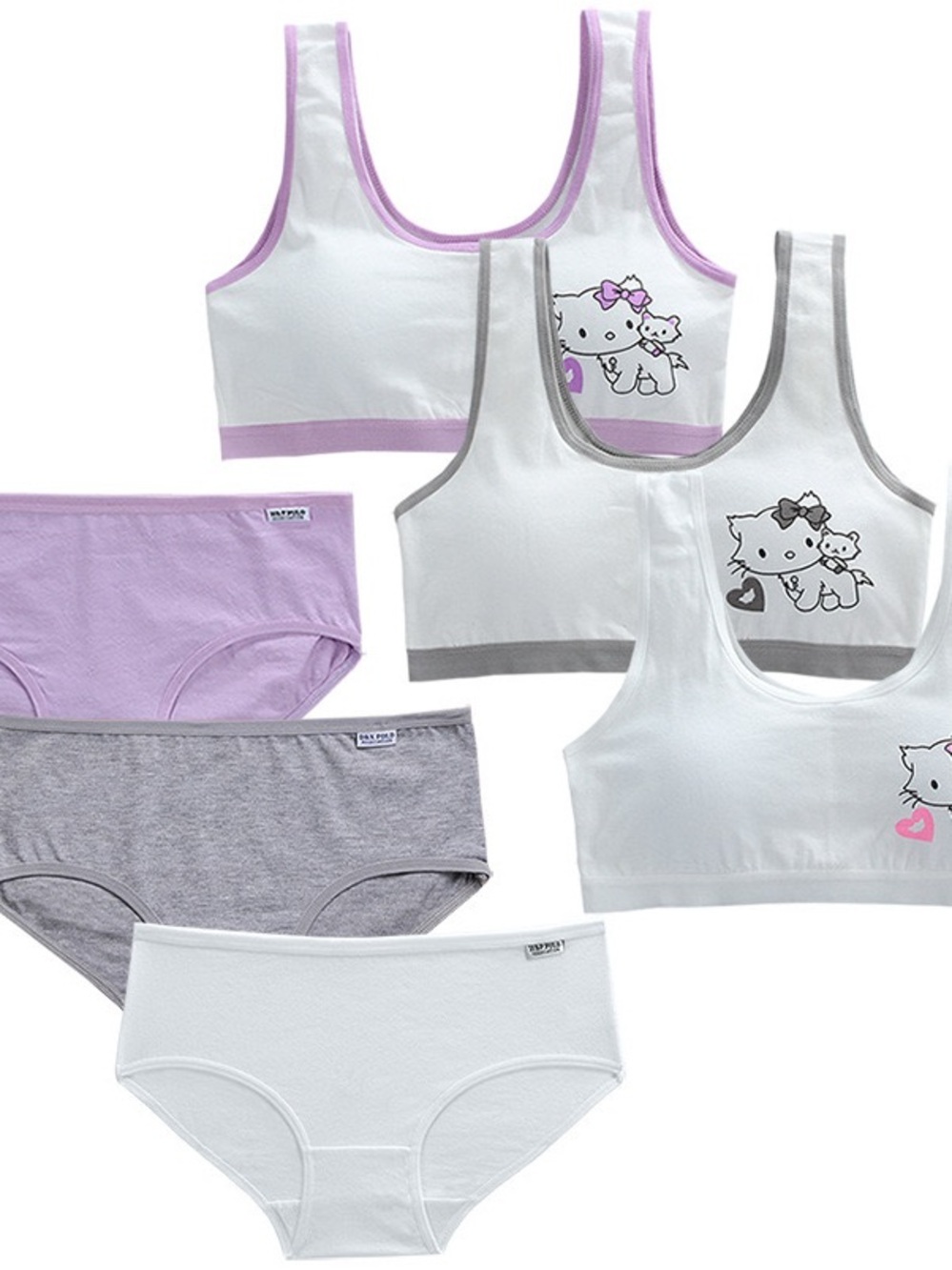Girls' Cotton Training Bra & Briefs Set - White, Lavender, Gray 8-12 Y